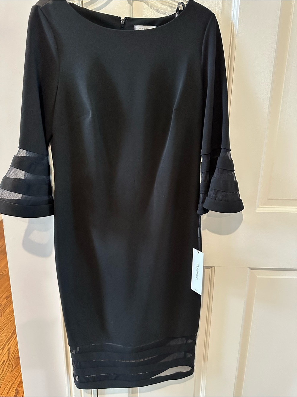 Calvin Klein Black Midi Sheath Dress with Mesh Stripe Insets